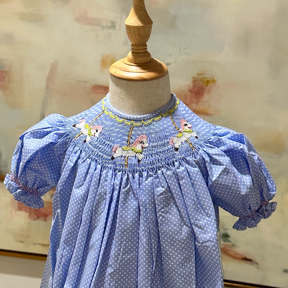 NWT Size 5 Remember Nguyen Blue Polka Dot Smocked Dress with Embroidered Horses